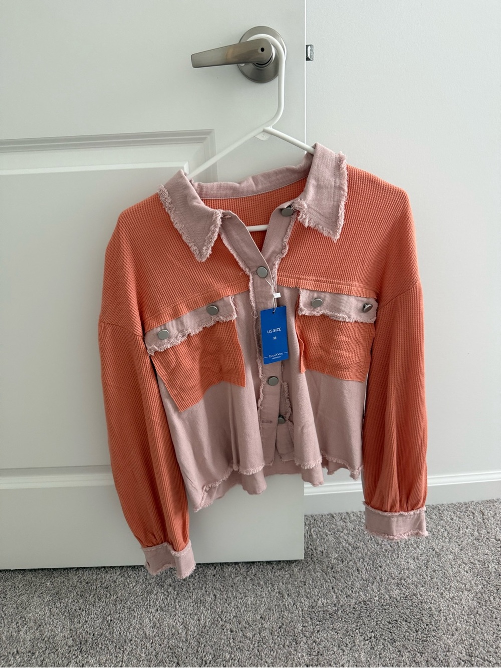 Amazon Coral and Blush Two-Tone Button Front Cropped Sweatshirt Jacket